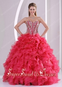 Red Ball Gown Sweetheart Ruffles and Beading Decorate Sweet Fifteen Dress