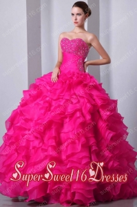 A-Line / Princess Sweetheart Organza Beading and Ruffles Sweet Fifteen Dress in Hot Pink
