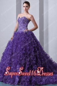 Organza Beading and Ruffles Purple A-Line / Princess Sweetheart Sweet Fifteen Dress with Brush Train