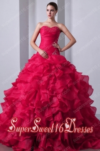 Sweetheart A-Line / Princess Organza Red Sweet Fifteen Dress with Beading and Ruffles