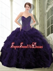 2015 Exclusive Dark Purple 15th Birthday Party Dresses with Beading and Ruffle