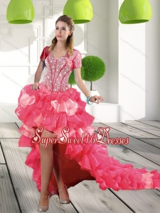 Most Popular Coral Red High Low 2015 Dama Dresses with Beading and Ruffled Layers