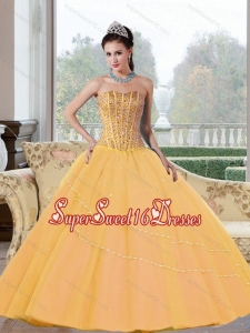 Inexpensive Beading Strapless 2015 Quinceanera Dresses in Gold