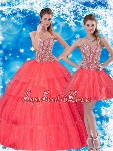 2015 Gorgeous Beading and Ruffled Layers Sweetheart Sweet Fifteen Dresses in Coral Red