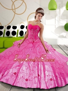 2015 Sturning Hot Pink Ball Gown Sweet Fifteen Dresses with Appliques