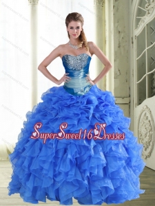 Gorgeous Beading and Ruffles Strapless Blue Sweet 16 Ball Gowns for 2015 Spring