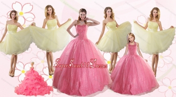 Rose Pink Beading Ball Gown Quinceanera Dress and Strapless Knee Length Dama Dresses and Halter Top Little Girl Dress