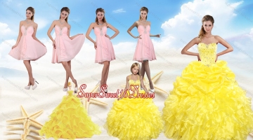 Yellow Sweetheart Beading Quinceanera Dress and Light Pink Short Prom Dresses and Ruffles and Beading Little Girl Dress