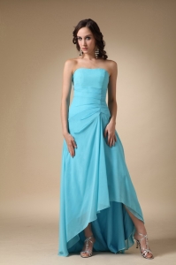 Aqua Blue Strapless Asymmetrical Chiffon and Elastic Wove Satin Ruch Dama Dress