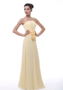 Hand Made Flowers Decorate Bodice Light Yellow Chiffon Floor-length Strapless Dama Dress For 2013