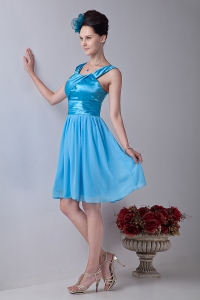 Aqua Blue Empire Straps Knee-length Chiffon Ruch Dama Dresses for Sweet 16