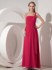 Coral Red Column One Shoulder Floor-length Chiffon Ruch Sweet 16 Dama Dresses