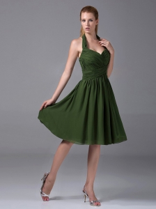 Halter Ruched Chiffon A-Line Knee-length Olive Green Dama Dress