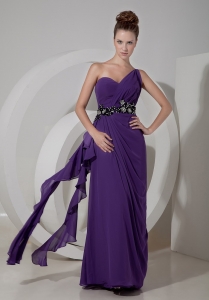 Purple Column One Shoulder Floor-length Chiffon Beading Sweet 16 Dama Dresses