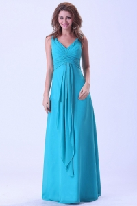 Aqua Blue Dama Dress With V-neck Chiffon Floor-length For Custom Made