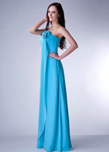 Aqua Blue Empire Strapless Floor-length Chiffon Hand Made Fowers Dama Dress