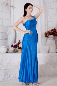 Blue Empire One Shoulder Ankle-length Taffeta Pleat Dama Dresses for Sweet 16