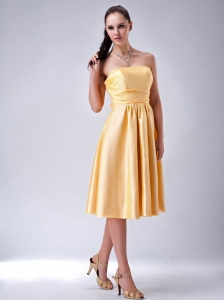 Gold Empire Strapless Tea-length Satin Bow Dama Dresses for Sweet 16
