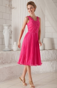 Hot Pink Empire Straps Tea-length Organza Pleat Dama Dresses for Sweet 16