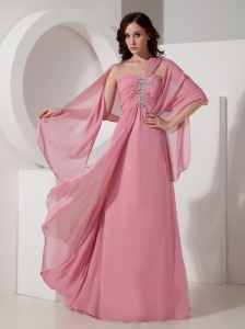Pink Empire One Shoulder Floor-length Chiffon Beading Sweet 16 Dama Dresses