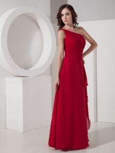 Red Empire One Shoulder Floor-length Chiffon Sweet 16 Quinceanera Dama Dresses
