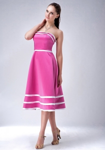 Rose Pink and White / Princess StraplessTea-length Satin Dama Dress