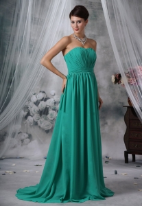 Ruched Decorate Bodice Brush Train Turquoise Blue Chiffon Strapless Sweet 16 Dama Dresses For 2013