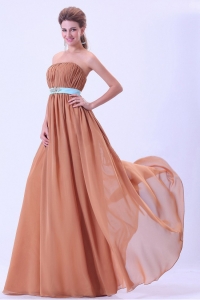 Rust Red Dama Dress With Blue Belt and Ruching Chiffon Floor-length