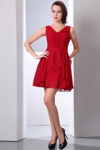 Wine Red Empire V-neck Mini-length Chiffon Ruch Dama Dresses for Sweet 16