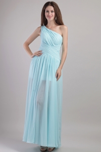 Light Blue Empire One Shoulder Ankle-length Chiffon Ruch Sweet 16 Dama Dresses