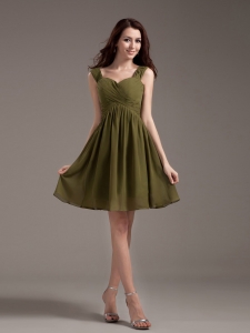 Straps Knee-length Olive Green Chiffon 2013 Dama Dress