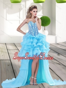 2015 Modest Aqua Blue High Low Quinceanera Dama Dress with Beading and Ruffles