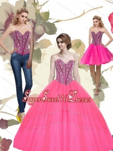 2015 Elegant Beading Sweetheart Tulle Hot Pink Sweet 16 Dresses