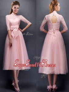 Luxurious Laced High Neck Half Sleeves Dama Dress with Bowknot