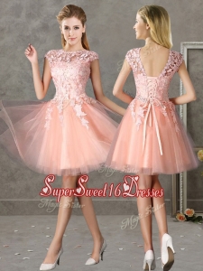 New Style Bateau Peach Short Dama Dress with Lace