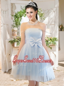 Elegant A Line Strapless Bowknot Short Dama Dress in Light Blue
