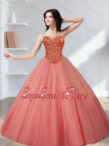 Inexpensive 2015 Tulle Beading Sweetheart 15th Birthday Party Dresses in Watermelon