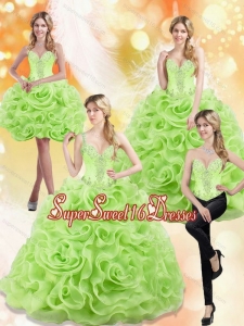 Modest Spring Green 2015 15th Birthday Party Dresses with Beading and Rolling Flowers