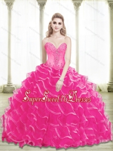 2015 Modest Beading and Ruffled Layers Sweetheart Sweet Sixteen Dresses in Hot Pink