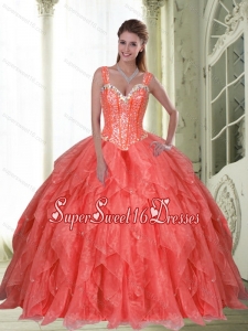 2015 Modest Beading and Ruffles Coral Red Sweet Sixteen Dresses with Sweetheart