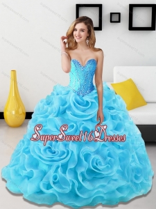 Elegant Beading and Rolling Flowers Sweetheart Sweet 15 Dresses in Aqua Blue for 2015