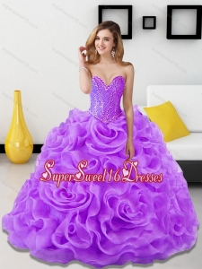 Modest Beading and Rolling Flowers Lavender 2015 Sweet Sixteen Dresses