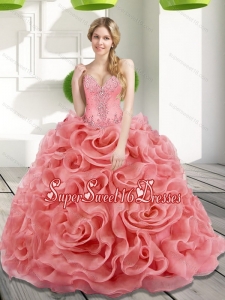 Perfect Beading and Rolling Flowers 2015 Watermelon Sweet Fifteen Dresses