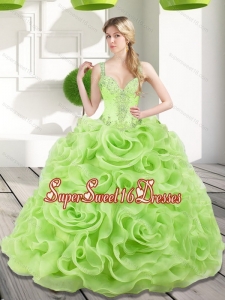 Remarkable Beading and Rolling Flowers Spring Green 2015 Sweet Fifteen Dresses