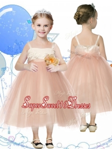 Affordable Spaghetti Straps Hand Made Flowers Little Girl Pageant Dress in Champagne