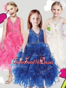 Best Beaded and Ruffled Halter Top Little Girl Pageant Dress in Tea Length