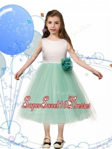 Comfortable Scoop Hand Made Flowers and Bowknot Little Girl Pageant Dress in Apple Green