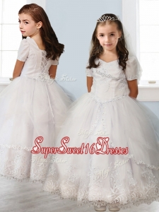 Best Square Short Sleeves White Girls Pageant Dresses with Beading and Appliques