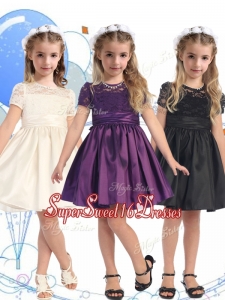 See Through Scoop Short Sleeves Mini Quinceaner Dress with Lace and Belt
