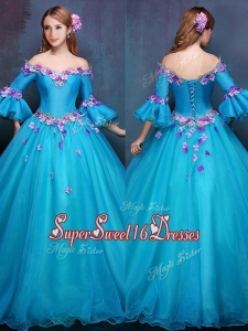 Elegant Off the Shoulder Three Fourth Length Sleeves Cheap Sweet Sixteen Dress with Appliques